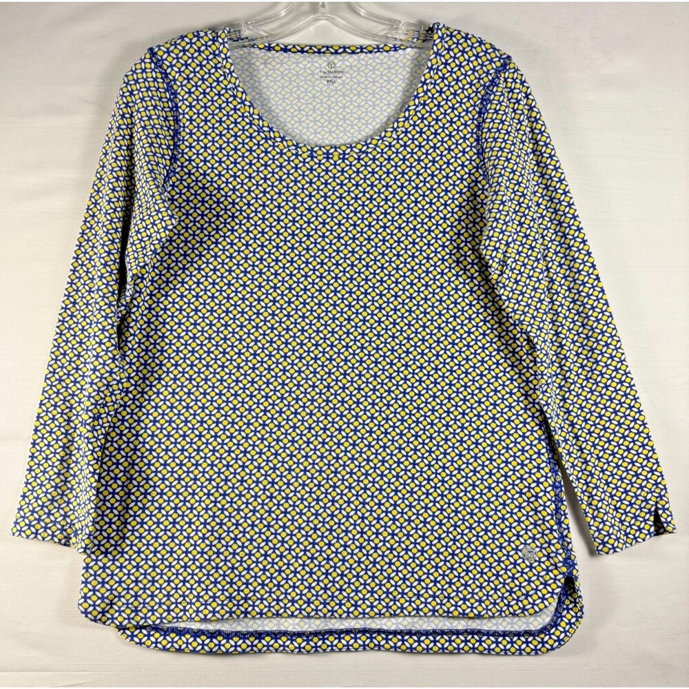 T by‎ TALBOTS Womens Long Sleeve Blue Yellow & White Pullover Top PM